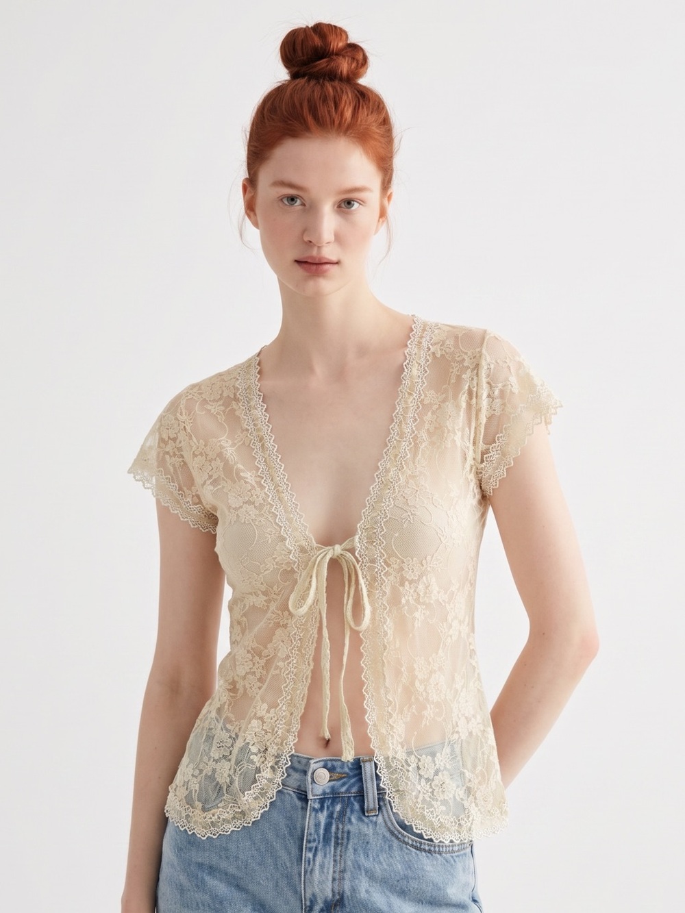Vintage Cottagecore, Coquette, Y2K Style Sheer Lace Crochet Tie-Front Top.